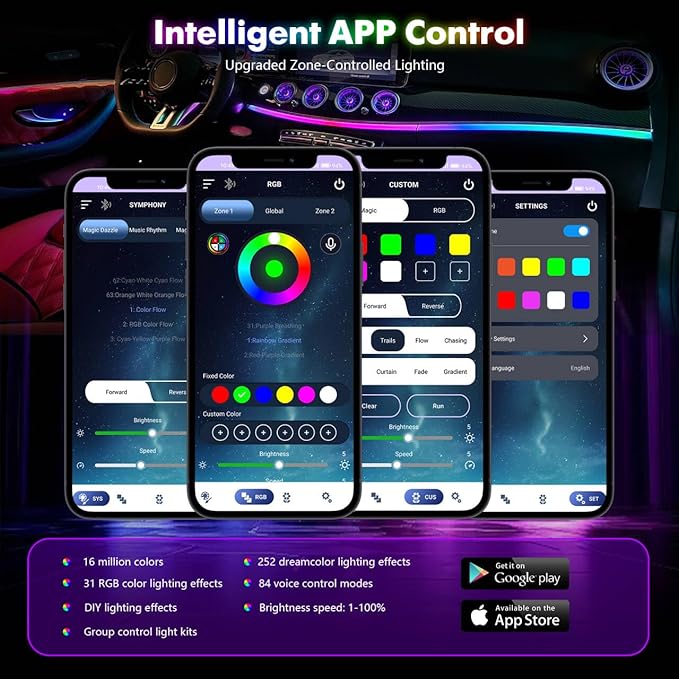 New Version Dreamcolor Acrylic Car Interior Lights 22 in 1 RGB LED Strip Lights APP Control Zoned Control System 252 Color Modes DIY Fiber Optic Ambient Lighting Kits Music Car Neon Lights