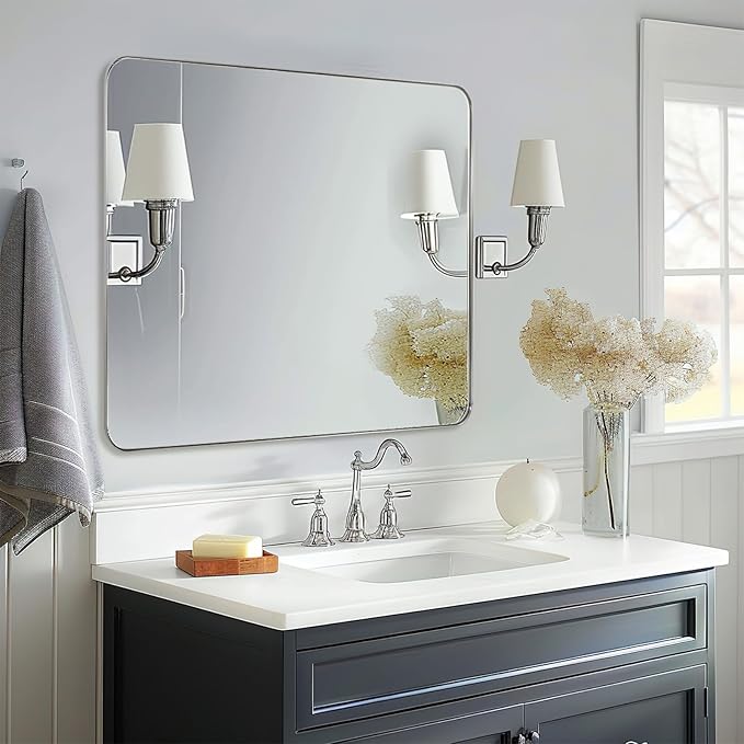 ANDY STAR 30”x40”Brushed Nickel Mirror for Bathroom, Rounded Rectangle Bathroom Mirror, Modern Metal Mirror in Premium Stainless Steel Frame, 1”Deep Set Design Hangs Horizontal Or Vertical