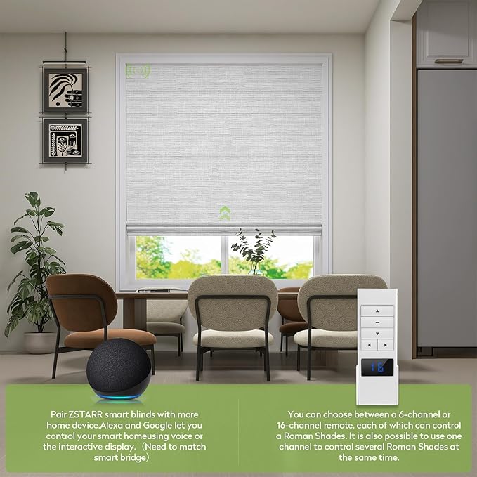 ZSTARR Smart Roman Shades Rechargeable Motorized Blinds with Remote Full Blackout Roman Window Shades Plain Fold Soft for Doors Bedroom, Custom Size (Gray)