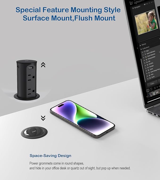 Jgstkcity 2.5 inch Hole Pop up Outlet for Countertop,20W USB C,4 USB Ports,4 Outlets 15Amp Receptacle Flush Mount,Space Saver Recessed Outlet,1875W,ETL Listed,2 PCS (Black, 20W USB)