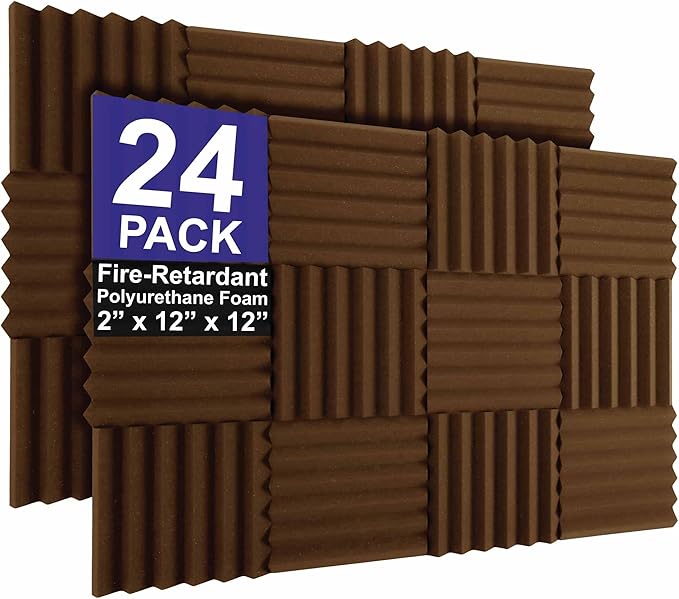 Foam Factory Inc 24 Pack Color Acoustic Foam Panel Studio Soundproofing Wedge Wall Tiles 12” X 12” X 2” (Brown)