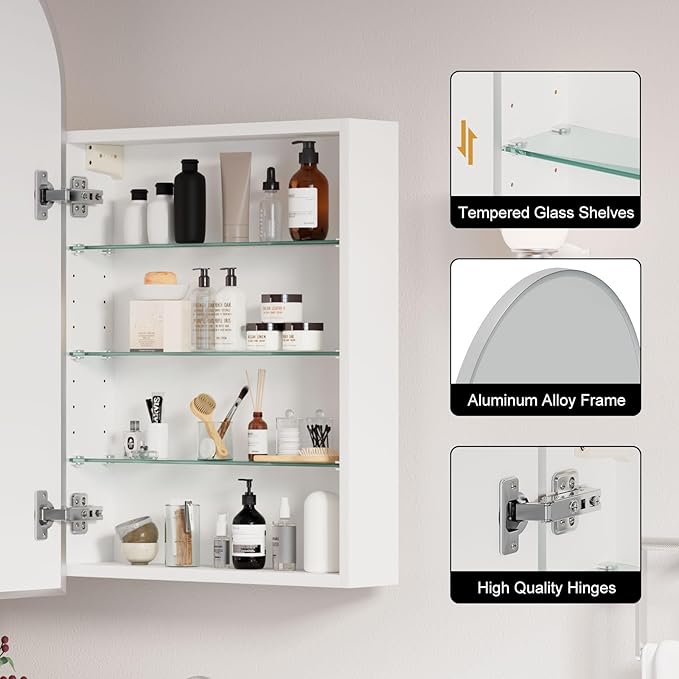 Arched Medicine Cabinets with Mirror,Medicine Cabinet for Bathroom, Arch Medicine Cabinet with Storage,Brushed Nickel Mirror Cabinet,Wall Mounted Only,20x36Inch