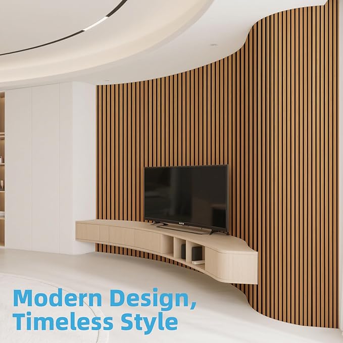 Art3d 2-Pack Acoustic Wood Slat Wall Panel with Roll-Flat Design - 95.3 x 23.8 Inch Sound Absorbing Panels for Living Room Columns Corridor Curved Wall Decor, Teak