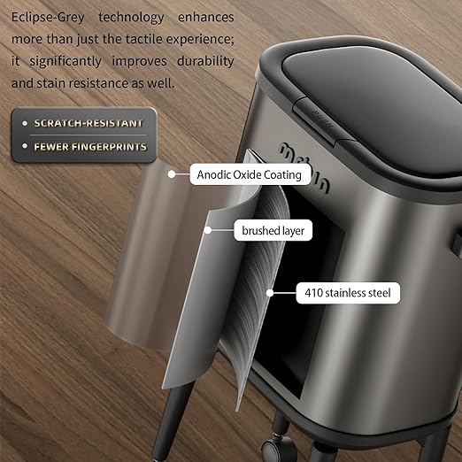 MRBIN Stainless Steel Slim Bathroom Trash Can with Legs and Wheels, 15L / 4gal Toilet Press Lid Waste Basket, Covered Office Garbage Pail for Near Desk, Narrow Vanity, Rvs, Kitchen, Eclipse Grey