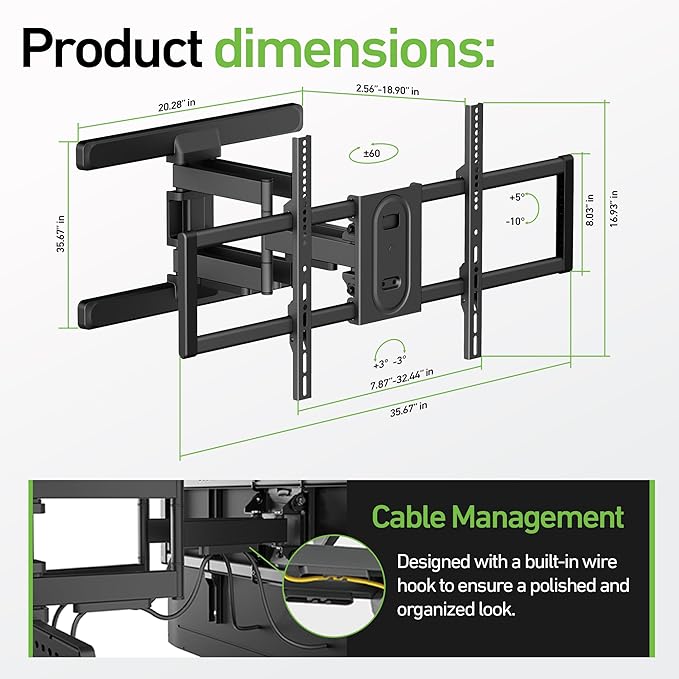 Heavy Duty Dual Arm Articulating TV Wall Mount Bracket for Hisense U76 QLED 100U76N 100 Inch TV - Tilt & Swivel with Reduced Glare