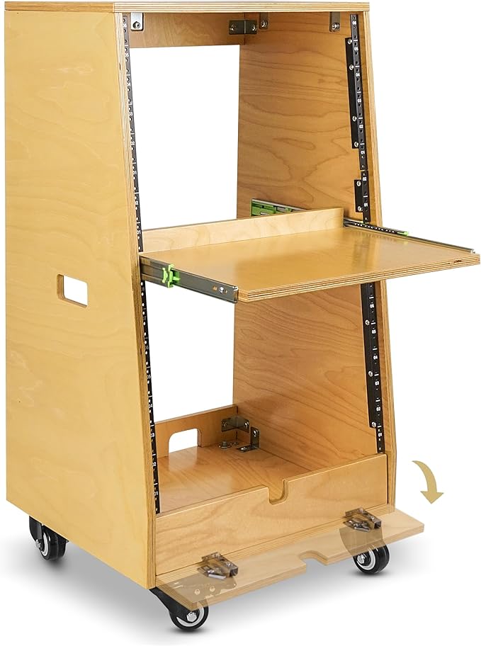 Sound Town DIY Slanted 16U Studio Rack (8U Top + 8U Lower), with 2U Bottom Storage, Slide-Out Tray, Caster, Plywood, Golden Oak For Recording Room, Home Studio (SDRK-ST16T)