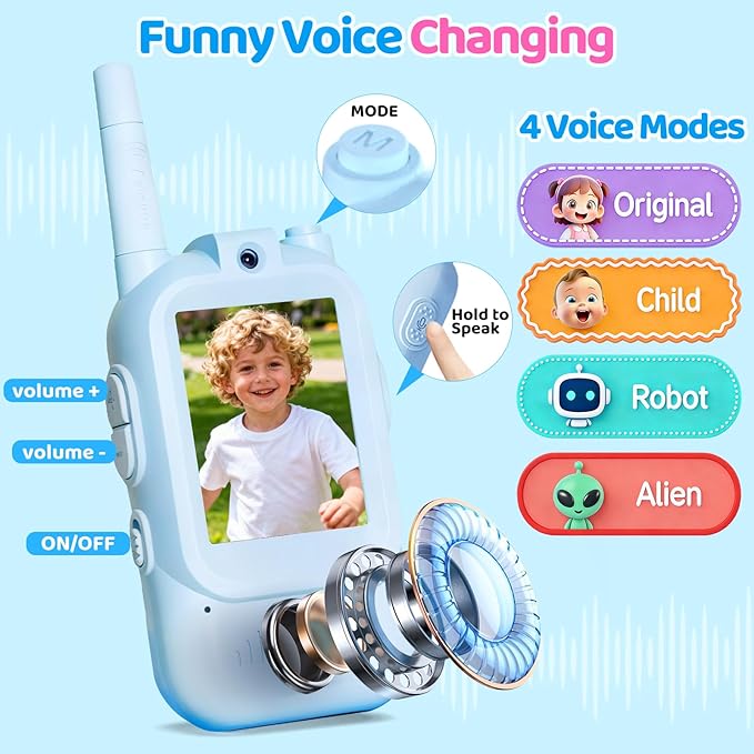 Video Walkie Talkies for Kids, 2 Pack Rechargeable Kids Walkie Talkies with HD Camera, Real-Time Video Chat, Voice Changer, 1000FT Range, Outdoor Toys for Boys Girls Ages 3-12(Baby Blue/Baby Pink)