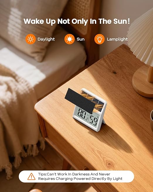 Digital Indoor Thermometer & Hygrometer, Light Powered (No Rechargeable Batteries Runs Only on Real-time Light Exposure) Solar Indoor Temperature and Humidity Monitor, Humidity Gauge