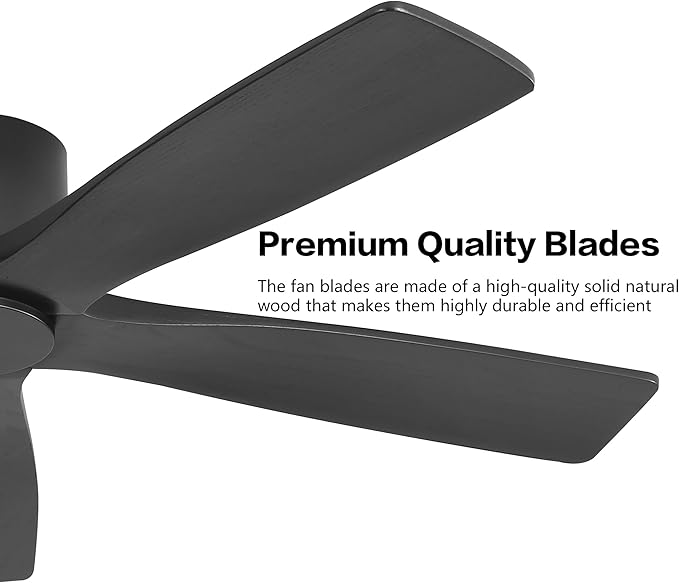 WINGBO 54" Flush Mount DC Ceiling Fans Without Lights, 5 Carved Solid Wood Blades, 6-Speed Reversible DC Motor, Low Profile Hugger Ceiling Fan No Lights for Living Room Bedroom Patio, Matte Black