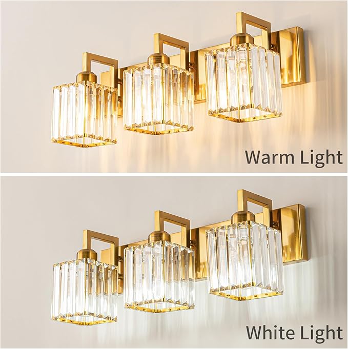 FDPBY Modern Bathroom Vanity Light 3-Lights Gold Crystal Wall Lamp Bathroom Modern Crystal Vanity Lighting