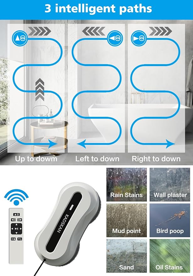 KADSKAN Window Cleaning Robot, Automatic Window Cleaner with Water Spray for Windows/Tiles/Class Door, Inside/Outside, 5600Pa Suction Power, 3.0 Path Planning, Remote Control