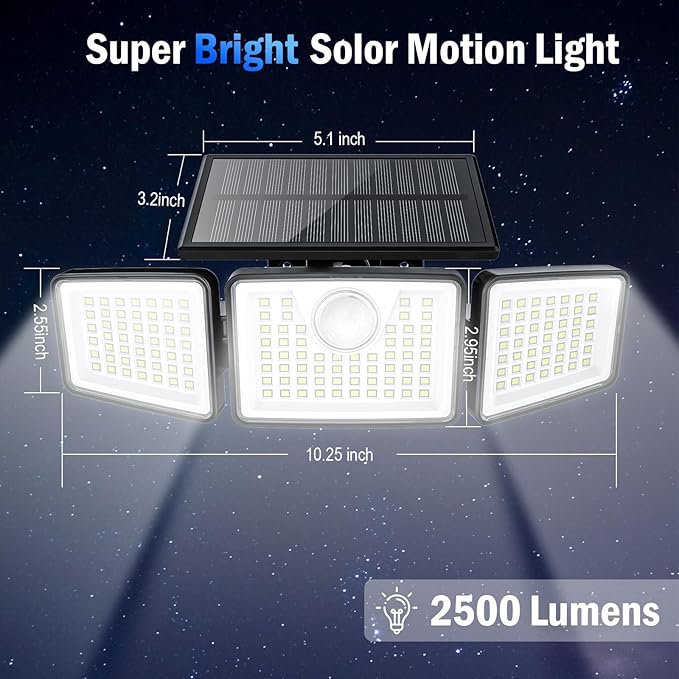 daphino 2500LM Solar Lights Outdoor with Motion Sensor,3 Head 270° Wide Angle Street Area Lights, IP65 Waterproof Security Lighting with 3 Modes(Non-Remote,2 Pcs)