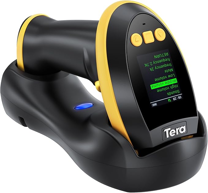 Tera Barcode Scanner Wireless with Screen: Pro Version 1D 2D QR with Setting Keypad Charging Cradle Works with Bluetooth 2.4G Wireless USB Wired Handheld Bar Code Reader HW0009 Yellow