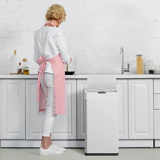 Arlopu Automatic Trash Can,Sensor Motion Stainless Steel Garbage Bin, Touchless Smart Waste Bin, W/Stay-Open, Soft Close Lid, Display Light for Kithchen, Living Room, Office (White, 18.5gal)