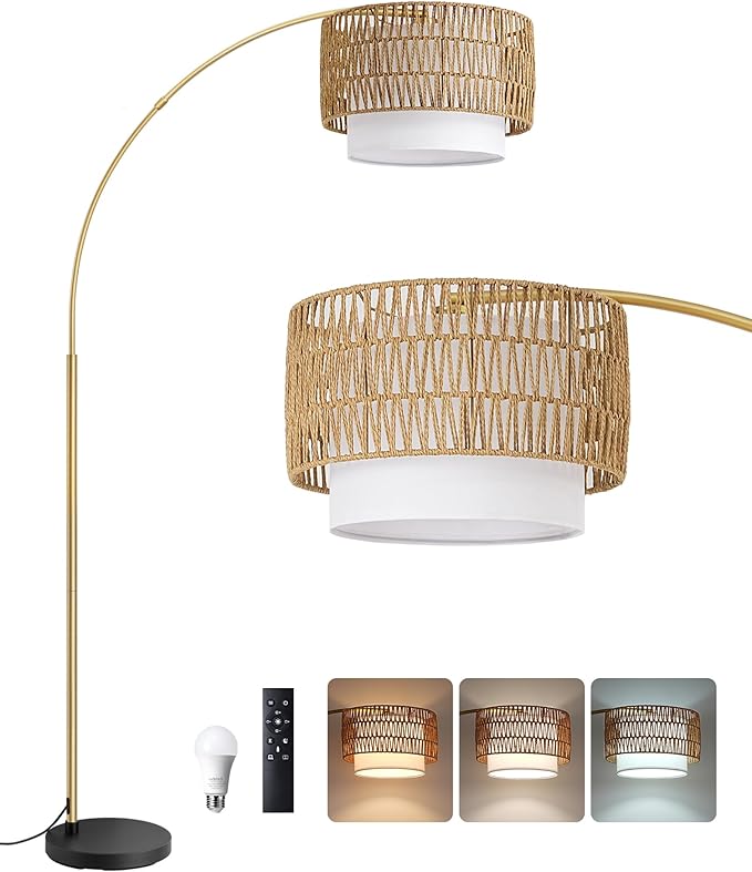 EDISHINE Gold Floor Lamps for Living Room, 76" Arc Floor Lamp with Remote & Dimmable Bulb, Boho Rattan Standing lamp with 5 Color Temperatures, Adjustable Tall Lamp for Bedroom, Office, Nursey