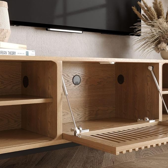 POVISON Fully-Assembled Mid Century Modern TV Stand for 85 inch TV, Sliding Door Entertainment Center with Storage, Wood TV Console, Media Console for Living Room Bedroom(Oak, 94.49")