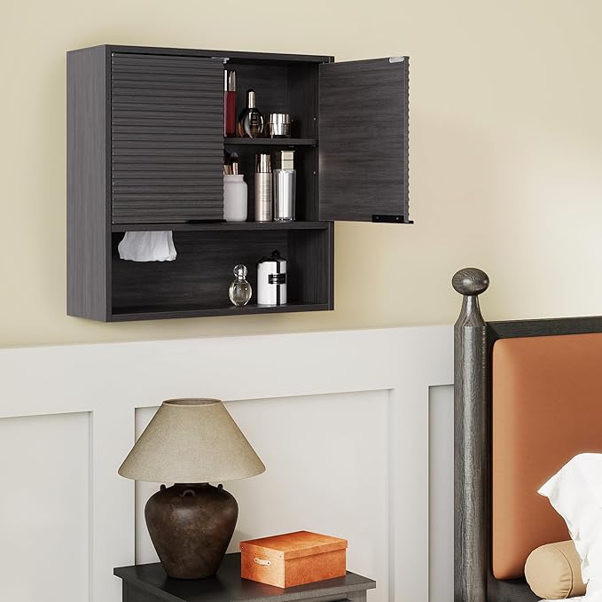 Wall Mounted Bathroom Cabinet with Motion Sensor LED Light & Tissue Dispenser, Modern Black Medicine Cabinet Over Toilet with Fluted Door, Adjustable Shelf for Skincare & Makeup Storage