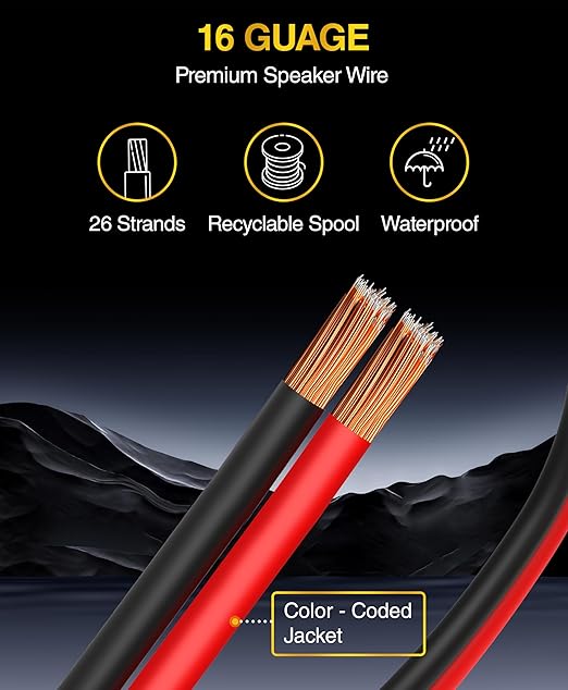 BlueRigger 16 Gauge Speaker Wire (100FT, 16 AWG, Speaker Cable, CCA, HiFi Stereo, Polarity Identification) - Car Audio Wire for Home Theater, Surround Sound Systems, Automotive Amps, Banana Plugs