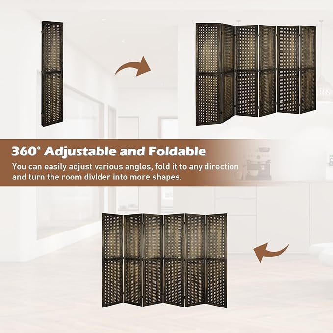 ECOMEX 6 Panel Room Divider, 5.6Ft Pegboard Display Wooden Room Divider Folding Privacy Screen Room Divider Freestanding Peg Board Display for Trade Show Craft Show Home Wall Organizer, Retro Brown