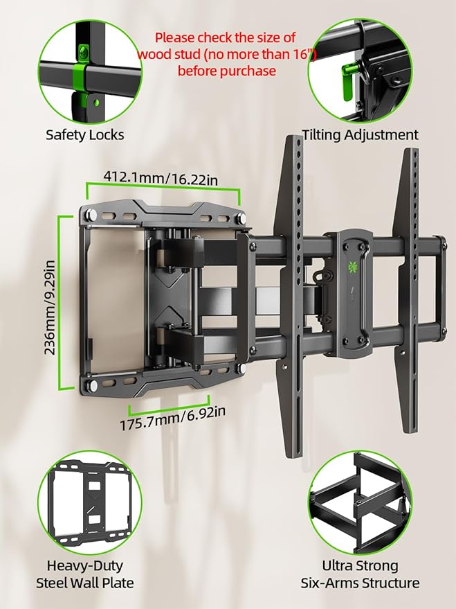 USX Mount Full Motion TV Wall Mount for 42-86 inch, TV Mount Swivel and Tilt,Wall Mount Bracket with Dual Articulating Arms Up to 132lbs, VESA 600x400mm, Max 16" Wood Studs, UL Listed XML019