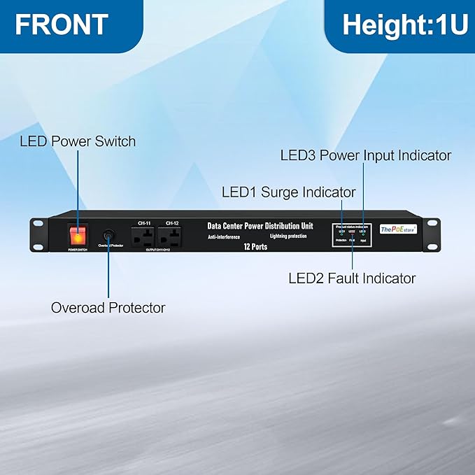 ThePoEstore 1U PDU Network Servers Surge Protector Power Distribution Unit 12-Outlet, 120V 20A, 3600 Joules 10KA,19″ Rack Mount Power Strip,Heavy-Duty 12AWG 16 ft Cord,w/AC Filter