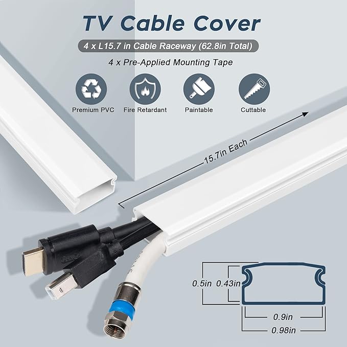 YCLYC Cable Cover, 62.8in Black Cord Hider for TV, Paintable Cord Cover Kit, Hide Cords - Cord Concealer Cable Channel 4xL15.7in W0.98in H0.5in