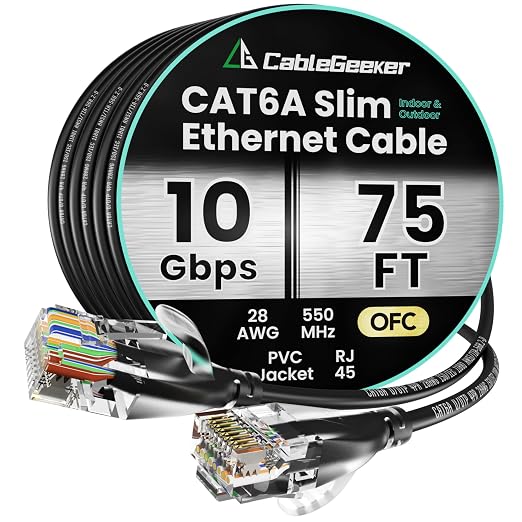 CableGeeker CAT6A Slim Ethernet Cable 75FT, 10Gbps 550MHz High Speed Network by CableGeeker