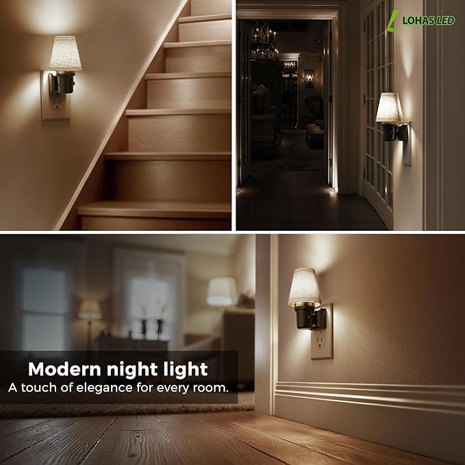 L LOHAS LED Night Lights Plug into Wall, Linen Fabric Round Platform Decor Night Light, Dusk to Dawn Sensor Vintage Nightlight, 5000K Daylight 0-100LM Dimmable, for Bedroom Living Room Hallway