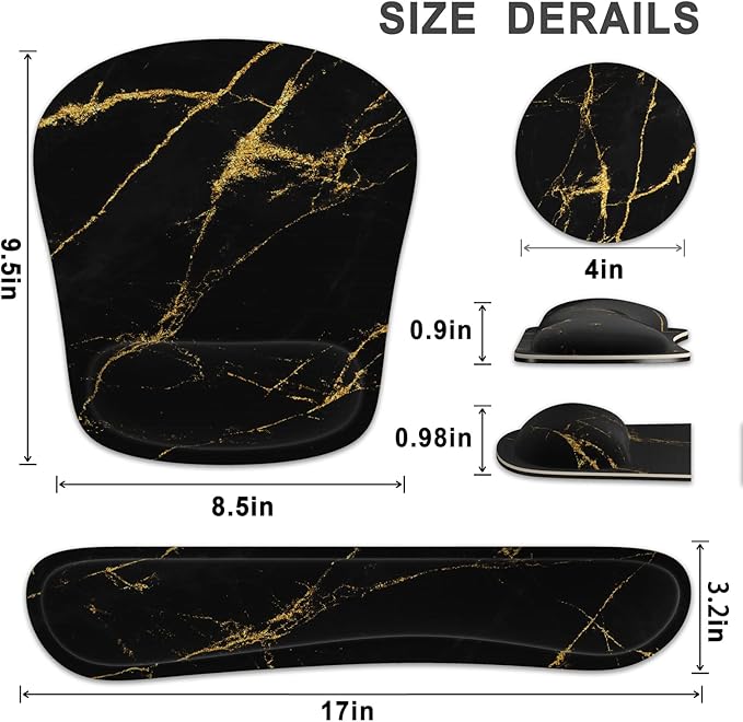 Keyboard Wrist Rest Memory Foam Ergonomic Mouse Pad with Computer Wrist Support Set with Non-Slip Rubber Base Coaster for Home, Office Easy Typing and Pain Relief - Black Marble