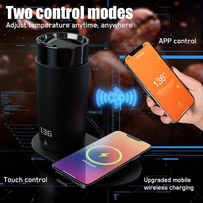 Temperature Control Heated Coffee Mug Smart Self Heating Travel Mug 12 Oz App Controlled Warmer Mug 4-10 Hour LED Display Keep Coffee Hot Fast Wireless Charger Base Iron Black