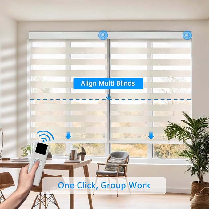 COOLWINDS Motorized Zebra Blinds for Windows Cordless Electric Curtains with Remote Control Blackout Shades Custom Smart Blinds Compatible with Alexa Google Home(Light Filtering Beige,W46 X 72in)