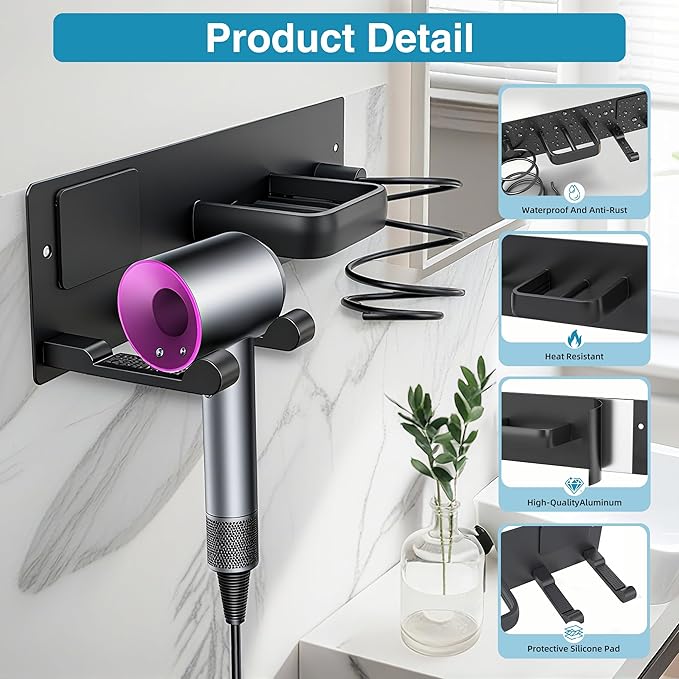 Dovyn Blow Dryer Holder Wall Mount, 3 in 1 Bathroom Hair Tool Organizer with Curling Iron Holder & Flat Iron Holder, Universal Hair Dryer Holder Rack Storage Matte Black