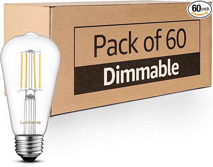 Lumiverse Dimmable Edison Bulbs 60 Watt LED, 2700K Soft White, Antique Style ST58 LED Filament Bulbs, E26 Base LED Bulb 5.5W, Clear Glass, Pack of 60