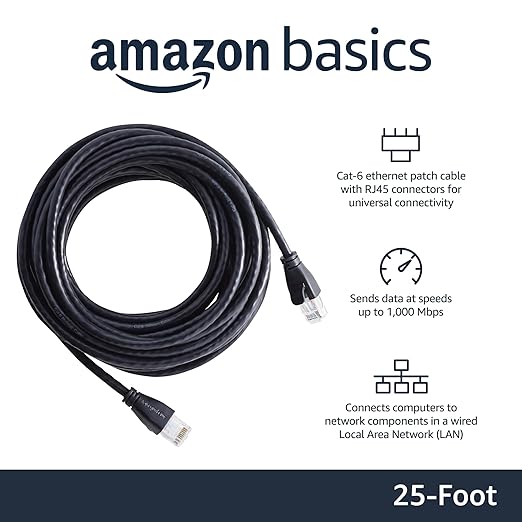 Amazon Basics RJ45 Cat-6 Ethernet Network Cable for Fast Gaming, 1Gbps Transfer Speed, Durable Gold-Plated Connectors, 25 Foot (7.6 Meters), Black