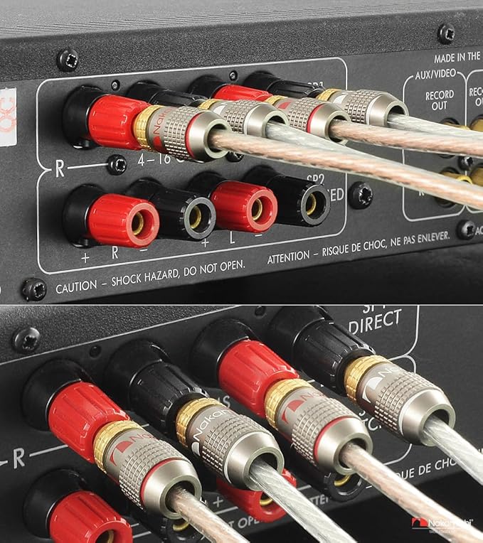 Nakamichi FanLock Excel Series 24k Gold Plated Banana Plugs 10 AWG - 18 AWG Gauge Size 4mm for Speakers Amplifier Hi-Fi Stereo Home Theatre Radio Audio Wire Cable Quick Connector, 4 Pcs (2-Pairs)