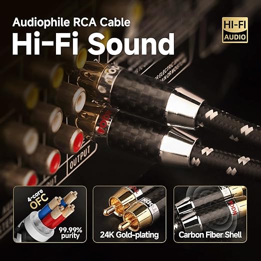 TODN RCA Cables Audiophile Male to Male Stereo Shielded HiFi OFC RCA Cable for Car Audio, Sub, Amp, Phono (3ft/1m, 1 Pair)