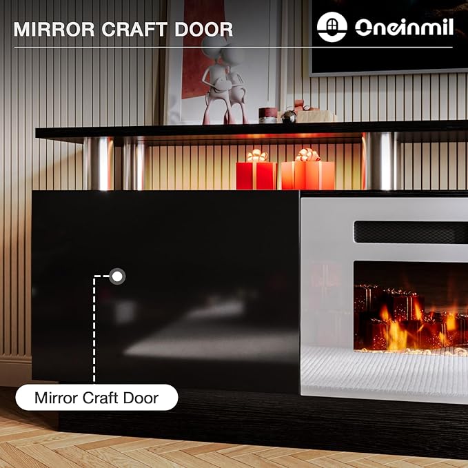 oneinmil Fireplace TV Stand with 36” Electric Fireplace, 80” 2 Tier TV Console Stand for TVs Up to 90", LED Light Entertainment Center, Fireplace for The Living Room TV Stand, Black