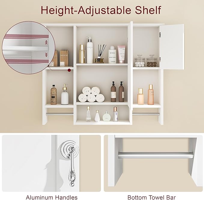 VECELO Bathroom Wall Cabinet with Mirror, Wall Mounted Medicine Cabinet with Open Shelves, 2 Towels Bars for Bathroom Laundry Room Kitchen
