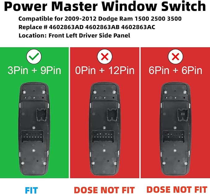 Driver Side Power Master Control Window Switch Replacement for 2009-2012 Dodge Ram 1500 2500 3500, OE Replace 4602863AD 4602863AB 4602863AC 901-473