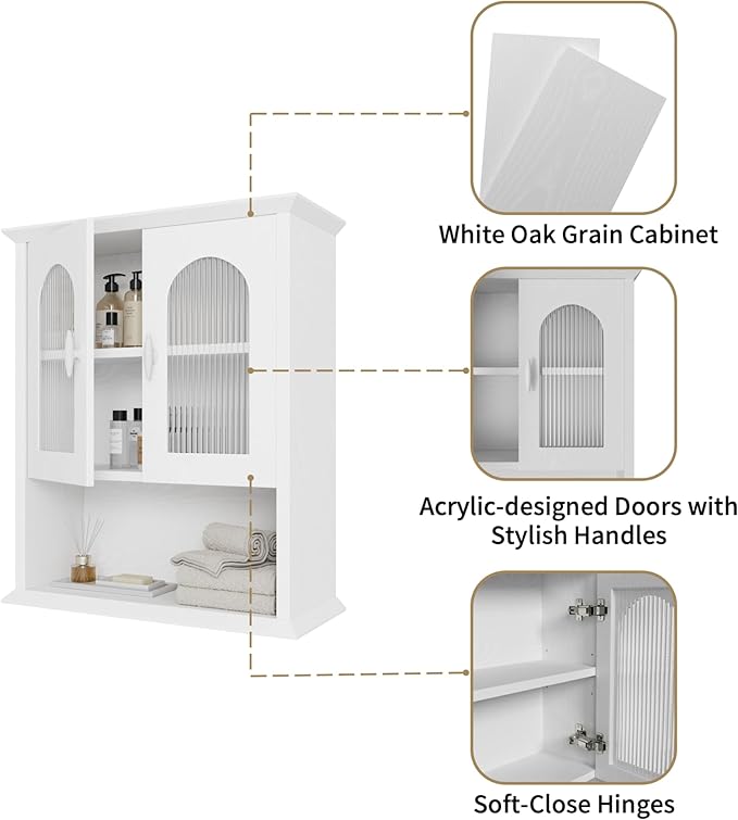 CJL Bathroom Wall Cabinet with Fluted Door, 18.9'' x 23.6'' Medicine Cabinet, Over The Toilet Storage Cabinet, White