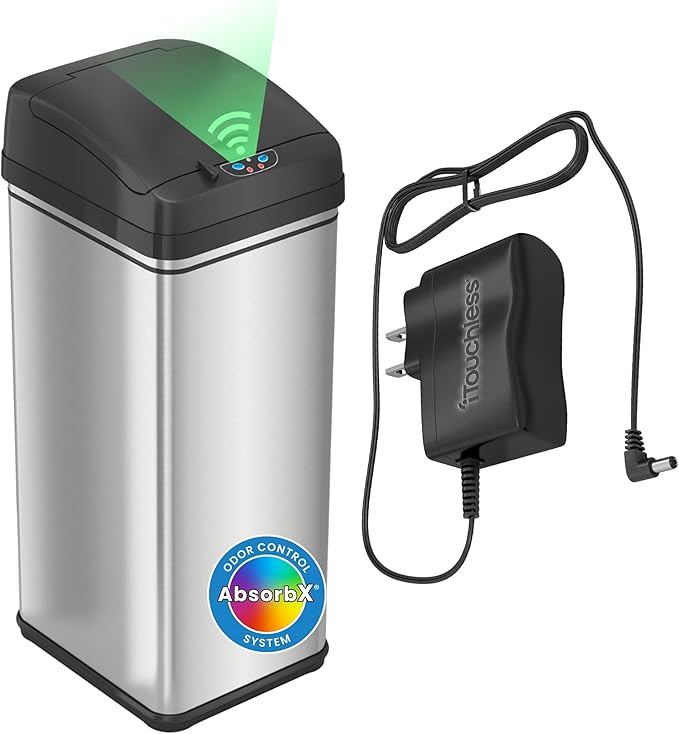 iTouchless 50 Liter / 13 Gallon Kitchen Trash Can with AC Adapter, Lid & Odor Filter – Motion Sensor Stainless Steel Garbage Bin for Home, Office, or Garage – Slim, Large Capacity Design