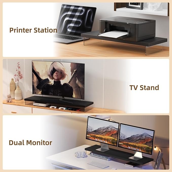 SSWOOD Dual Monitor Stand Riser, 40" Large Computer Monitor Stands for 2 Monitors, Wooden Desktop Organizer Shelf for Office Desk Computer, Laptop, TV, Monitor, Printer