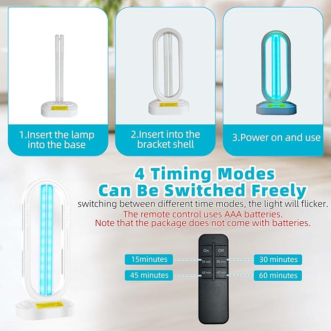 UV Light Sanitizer,4-Speed Timing and Remote Control UVC Home Disinfection Device,Portable Ultraviolet Light Sanitizer Effectively Mold Remover and Dust Mites,UV Lamp for Whole Room,White