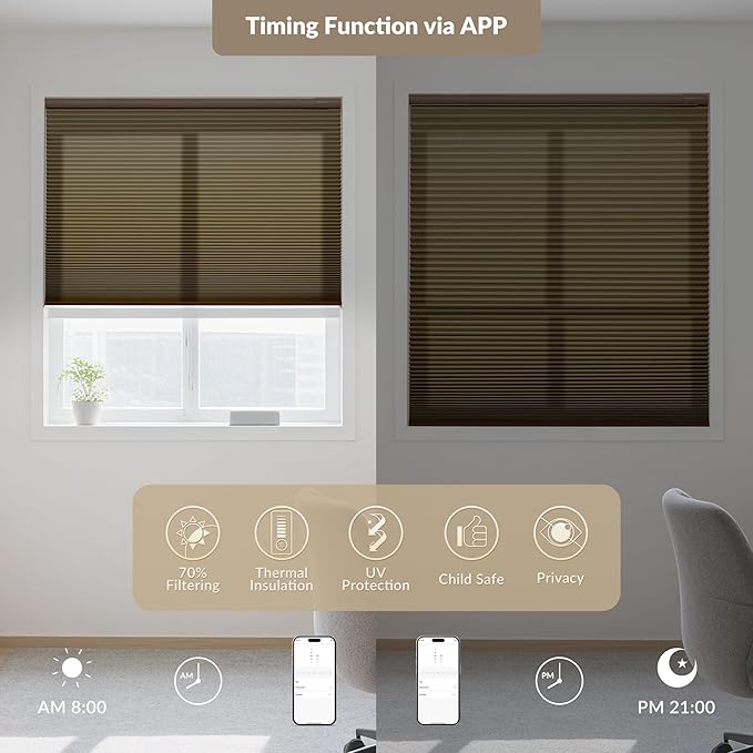 Boolegon No Drill Motorized Cellular Blinds With Remote Motorized Blackout Honeycomb Blinds For Indoor Windows Easy to Install Automatic Cellular Shades For Home,Light Filtering Dark Brown,Custom Size