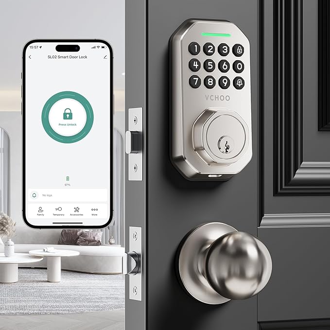 VCHOO Keyless Entry Door Lock Set Smart Locks for Front Keypad Door Lock with Handle Automatic Lock One Time Password Anti Peeping Password IP54, Satin Nickel