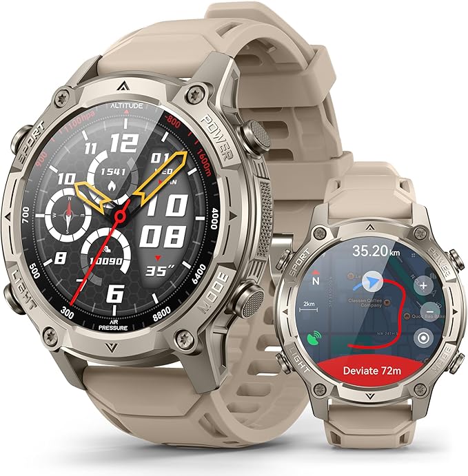 Smart Watch for Men, with GPS, Offline Maps, Heart Rate, Blood Oxygen, Stress, Sleep Monitor, 178 Sports Modes, 5ATM Waterproof Round Watch, 1.43-inch AMOLED Display, Compatible Android and iOS Khaki