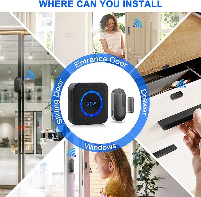 Door Chime SanJie Door Alarms When Opened for Home Office Business Door Entry Chime with 800Ft Range 5 Volume Levels 55 Ringtones (1 Receiver & 3 Sensor)