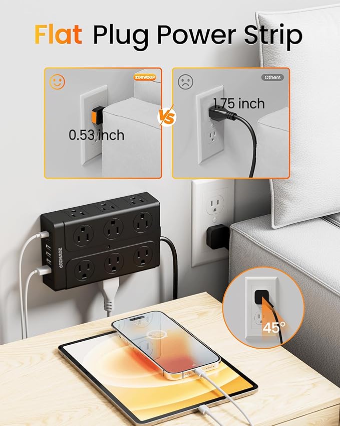 Zoxwzop Surge Protector Power Strip - 12 Outlets(1850W/15A) 6 USB Ports（2 USB C, 6FT Flat Plug Extension Cord, Wall Mount Multi Plug Outlet Extender, ETL Listed for Home, Dorm Room