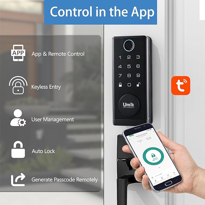 UMIK UMIKSMART Fingerprint Smart Door Lock with Heavy Duty Handleset, Keyless Entry Door Lock, Electronic Keypad Deadbolt Locks, App Control for Front Door, Home (Matte Black)