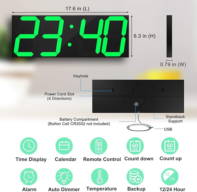 CHKOSDA LED Large Digital Wall Clock, Oversize Wall Clock with 6” Numbers, Remote Control Count up/Countdown Timer Clock, Auto Dimmer, Big Calendar and Thermometer(Green)